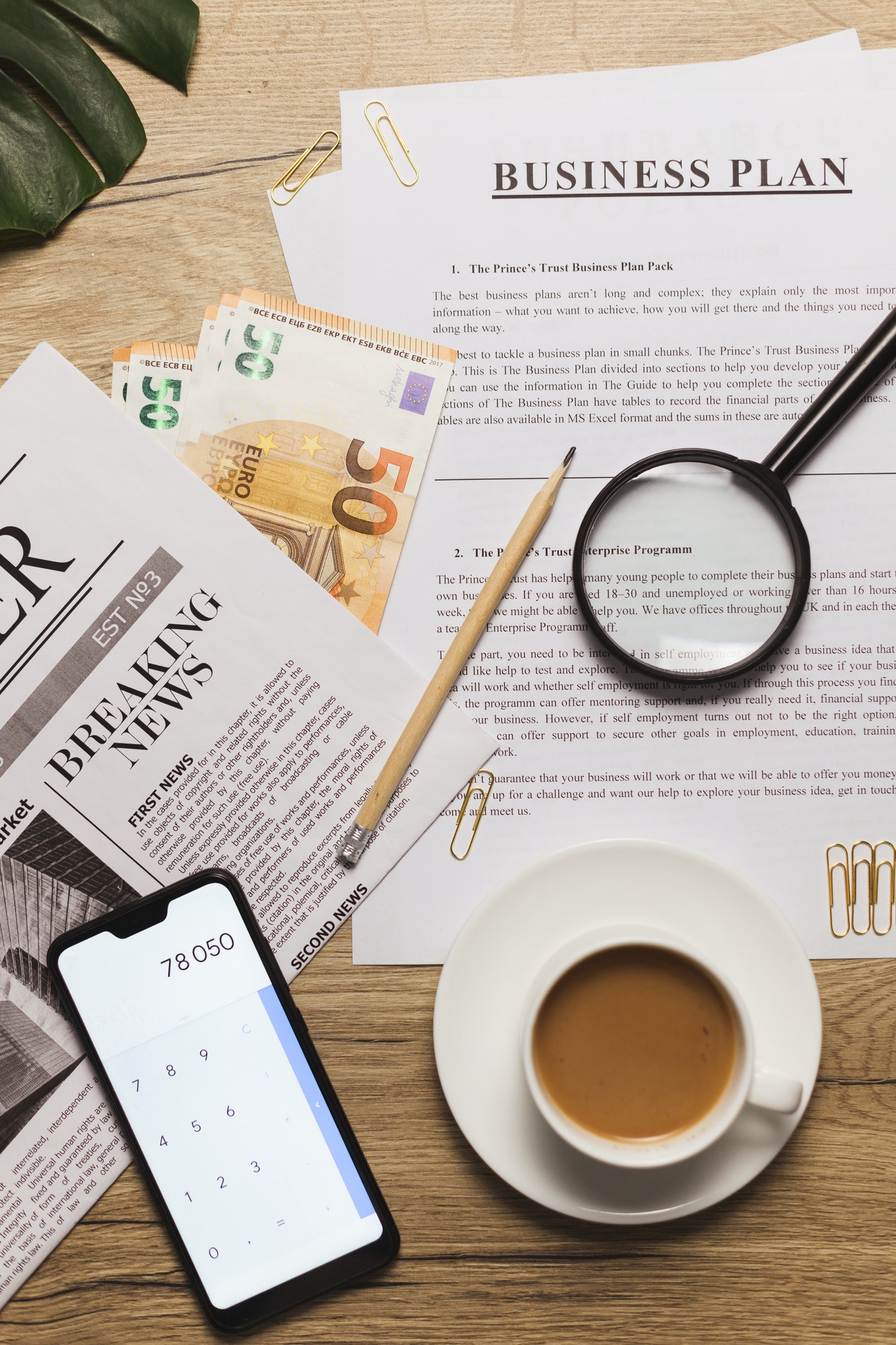 Flat lay of business plan and accountancy concept. Top view
