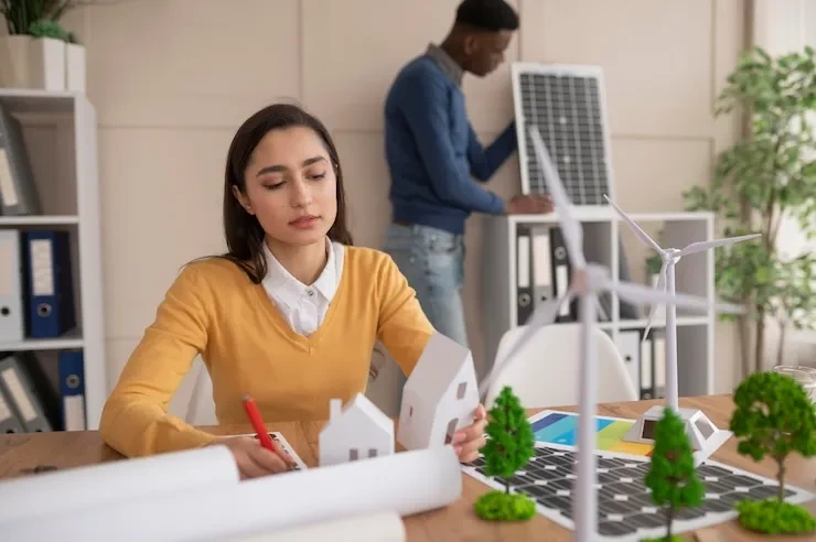 Accountant analyzing financial reports for sustainable energy companies in modern office space