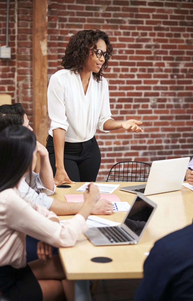 Businesswoman Standing And Leading Office Meeting Around Table