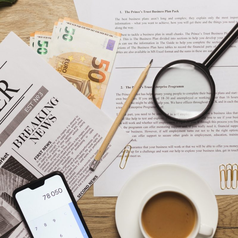 Flat lay of business plan and accountancy concept. Top view