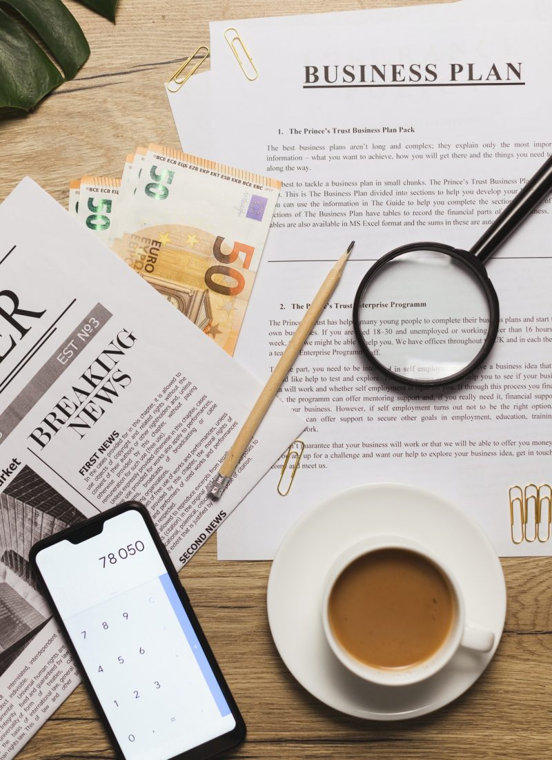 Flat lay of business plan and accountancy concept. Top view